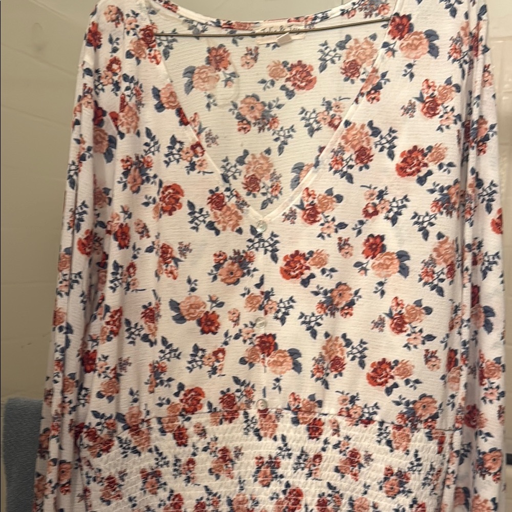Floral Smocked Long Sleeve Blouse in White and Cream